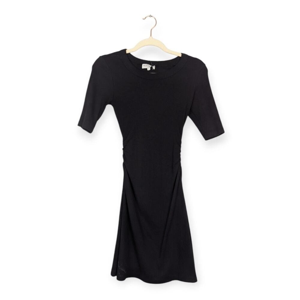 Michael Stars Mona Mini Dress S Black Ribbed Ruched Side Stretch Casual NWT